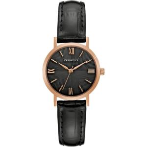 Caravelle by Bulova Ladies’ Dress 3 Hand Quartz Leather Strap Watch, Stainless Steel, 28mm(Black/ Rose Gold)