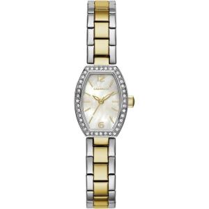 Caravelle by Bulova Ladies’ Dress Mini Quartz Watch, Crystals, Mother-of-Pearl, 18x24mm(Two Tone Gold/White Mother of Pearl)