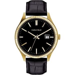 Caravelle by Bulova Men’s Dress 3-Hand Date Quartz Watch, Stainless Steel, Coin Edge Bezel, 41mm(Black Strap/Gold)