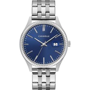 Caravelle by Bulova Men’s Dress 3-Hand Date Quartz Watch, Stainless Steel, Coin Edge Bezel, 41mm(Silver/Blue)