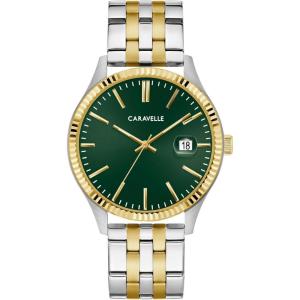 Caravelle by Bulova Men’s Dress 3-Hand Date Quartz Watch, Stainless Steel, Coin Edge Bezel, 41mm(Two Tone Gold/Green)
