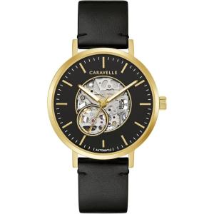 Caravelle by Bulova Men’s Dress Automatic Watch, Stainless Steel, Open Aperture, 41mm(Gold Tone/ Black Leather Strap)