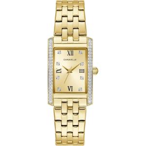 Ladies’ Classic Crystal 3-Hand Quartz Watch, Roman Numeral Markers, Rectangle Case, Curved Mineral Crystal(Gold Tone)