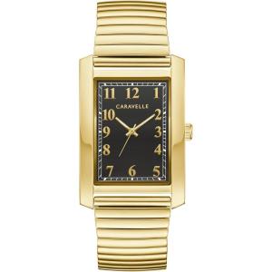 Men’s Classic Dress 3-Hand Quartz Expansion Band Watch, Rectangle Case, Curved Mineral Crystal(Gold Tone/ Black Dial)