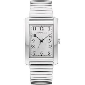 Men’s Classic Dress 3-Hand Quartz Expansion Band Watch, Rectangle Case, Curved Mineral Crystal(Stainless Steel/ Silver)