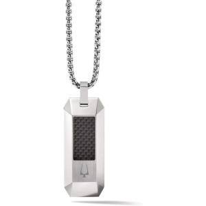 Men’s Precisionist Round Box Link Chain Necklace with Dog Tag Pendant Style(Black Carbon Fiber)
