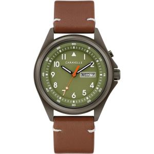 Men’s Traditional 3-Hand Day and Date Quartz Watch, Light Up, Stainless Steel, 40mm(Brown Leather Strap/Grey/Green Dial)