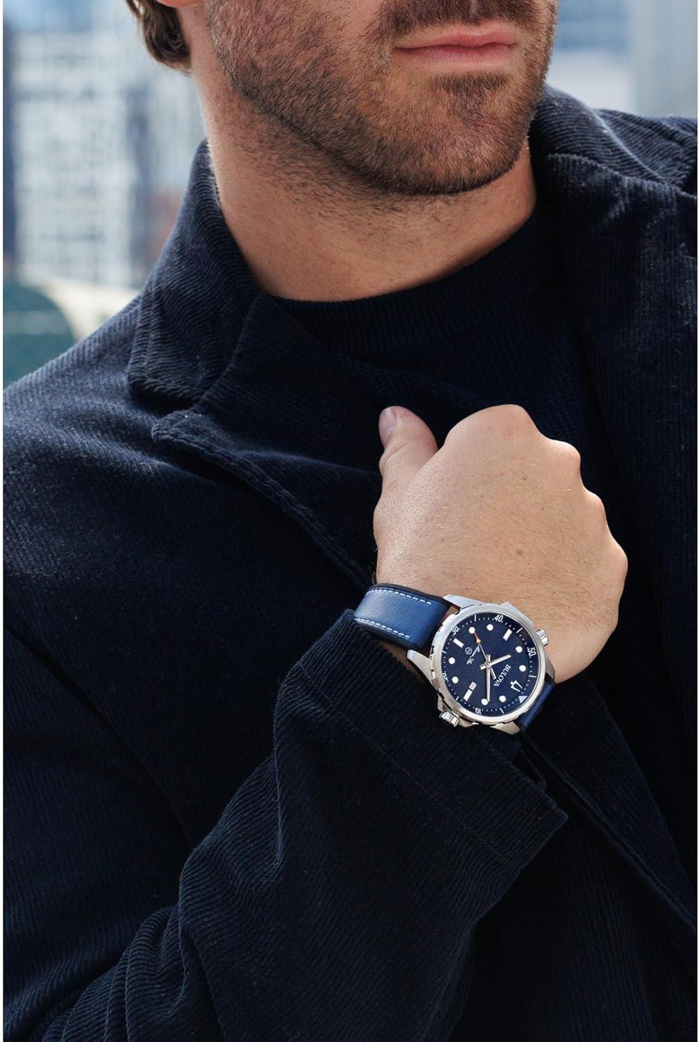 imageBulova Mens Marine Star Quartz Silver Stainless Steel Watch Leather and Silicone Strap 100M Water Resistant 43mmBlue