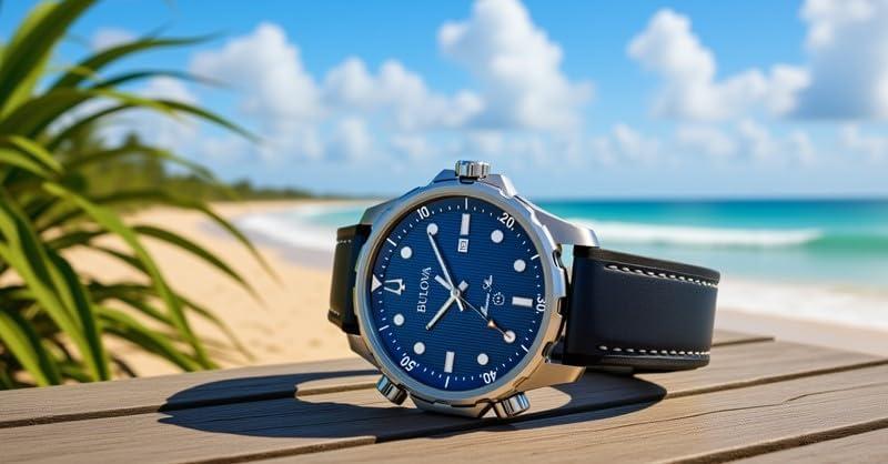 imageBulova Mens Marine Star Quartz Silver Stainless Steel Watch Leather and Silicone Strap 100M Water Resistant 43mmBlue