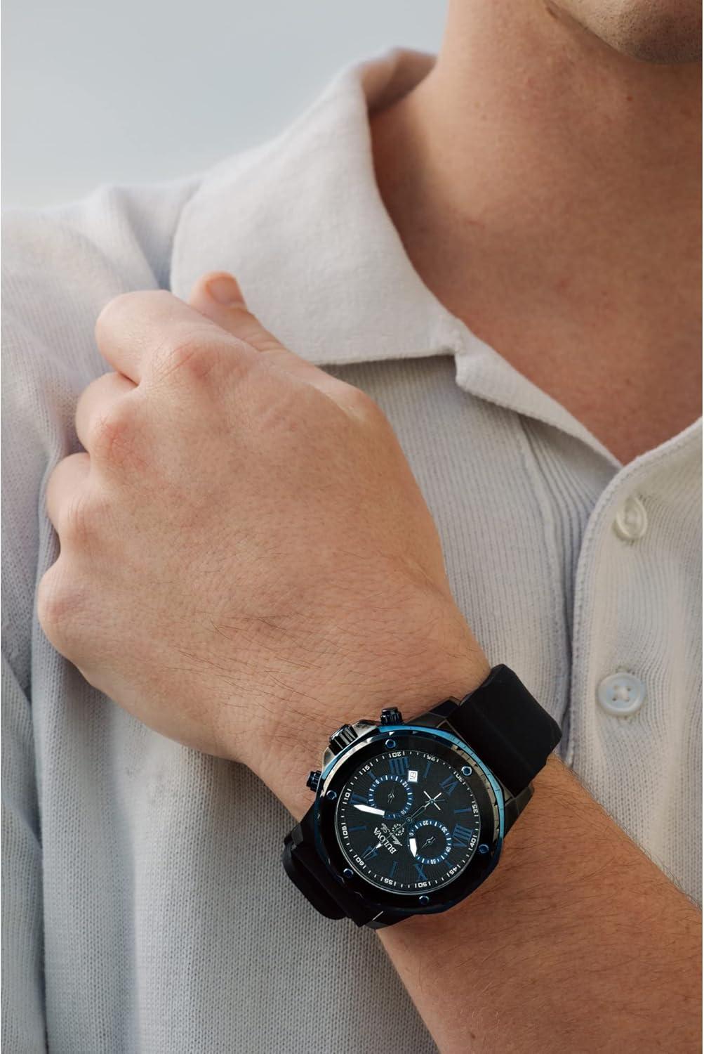 imageBulova Mens Marine Star Series A Black and Blue IonPlated Stainless Steel 6Hand Chronograph Quartz Watch Black Silicone Strap 40mm Style 98B308