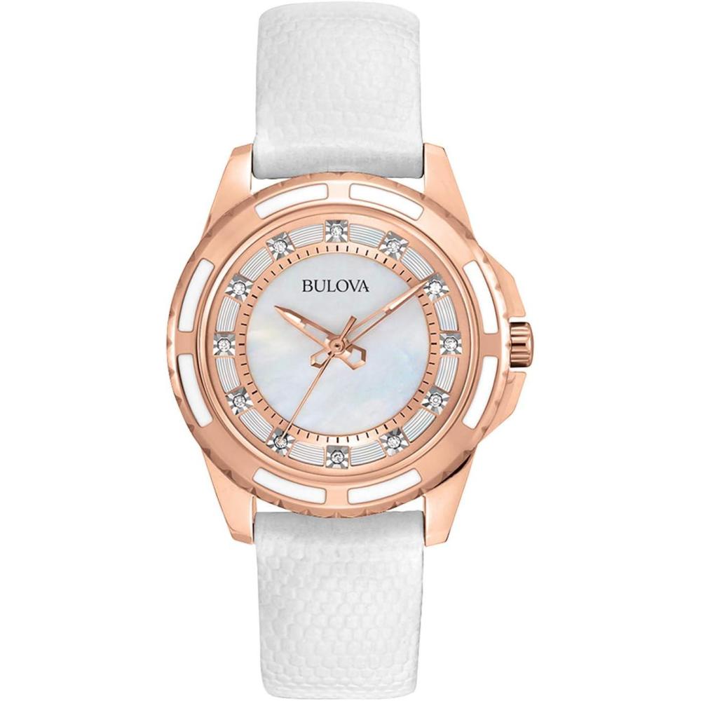 imageBulova Ladies Classic Diamond 3Hand Quartz Stainless Steel Watch 12 Diamonds MotherofPearl DialRose GoldWhite Leather Strap