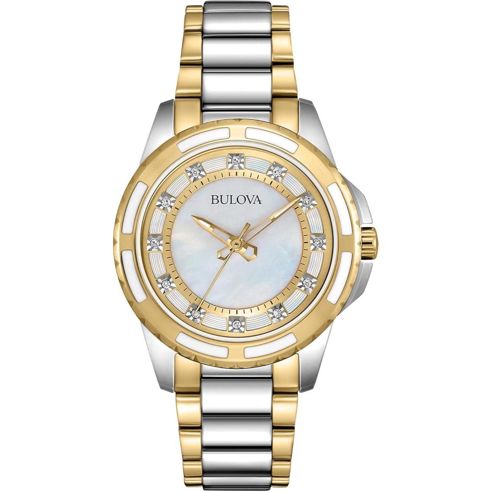 imageBulova Ladies Classic Diamond 3Hand Quartz Stainless Steel Watch 12 Diamonds MotherofPearl DialTwo Tone Gold