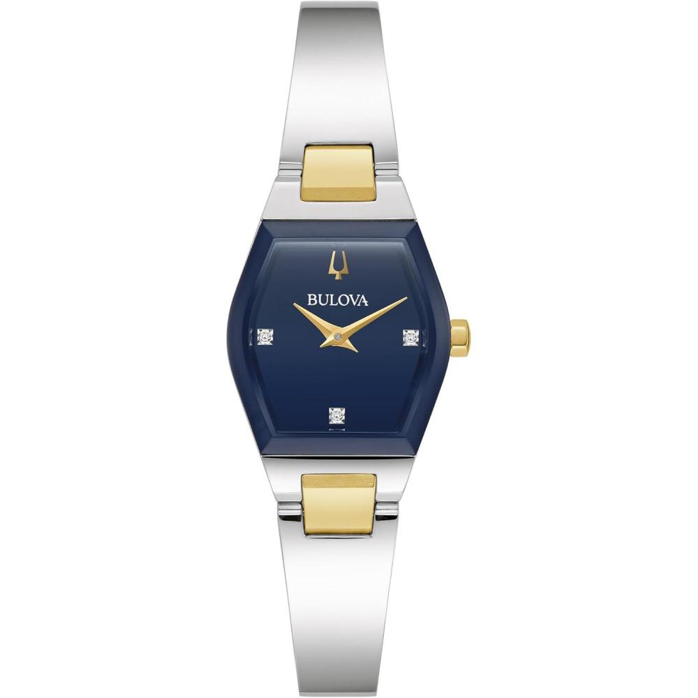 imageBulova Ladies Modern Gemini Diamond Silver and Gold Stainless Steel WatchTonneau Shape Blue Dial Model 98P218