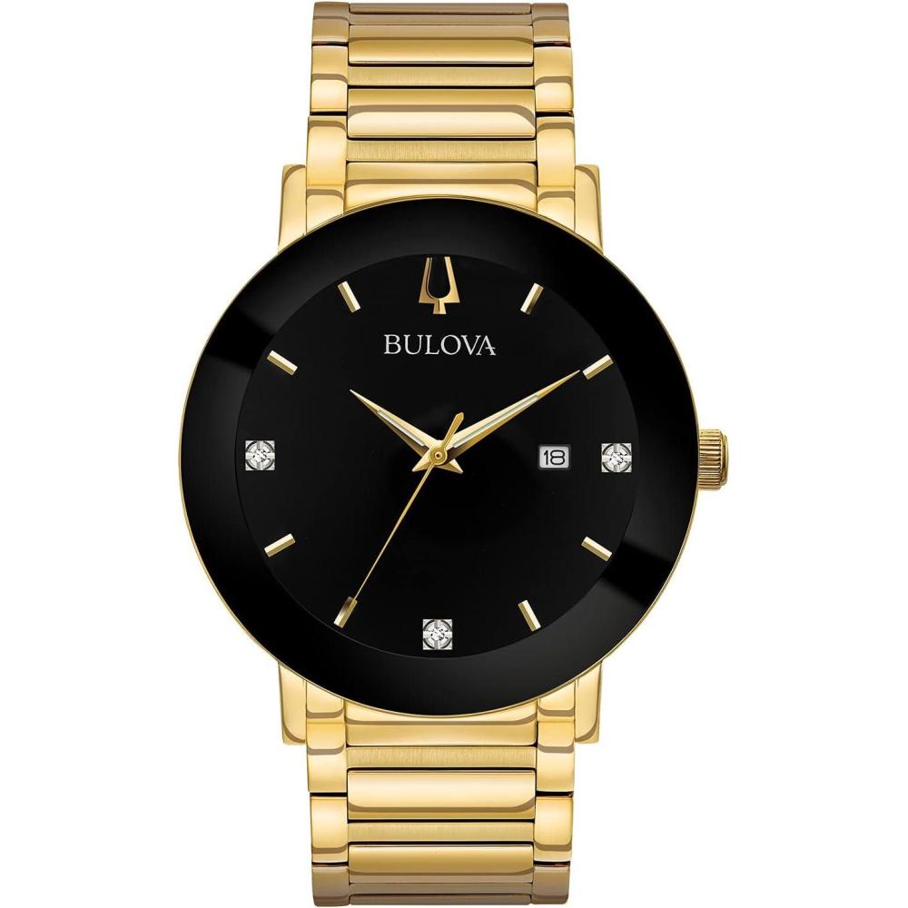 imageBulova Mens 3Hand Quartz Watch with Diamond Dial and Edge to Edge CrystalGold ToneBlack Dial
