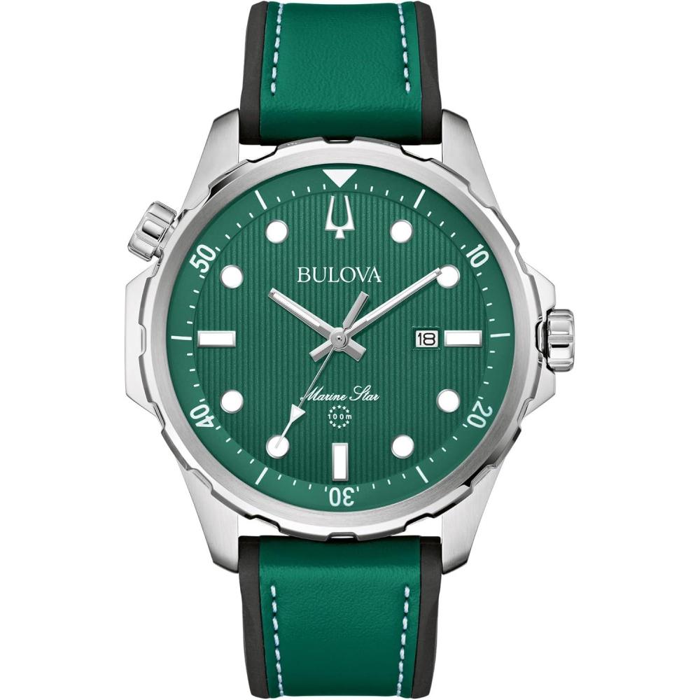 imageBulova Mens Marine Star Quartz Silver Stainless Steel Watch Leather and Silicone Strap 100M Water Resistant 43mmGreen