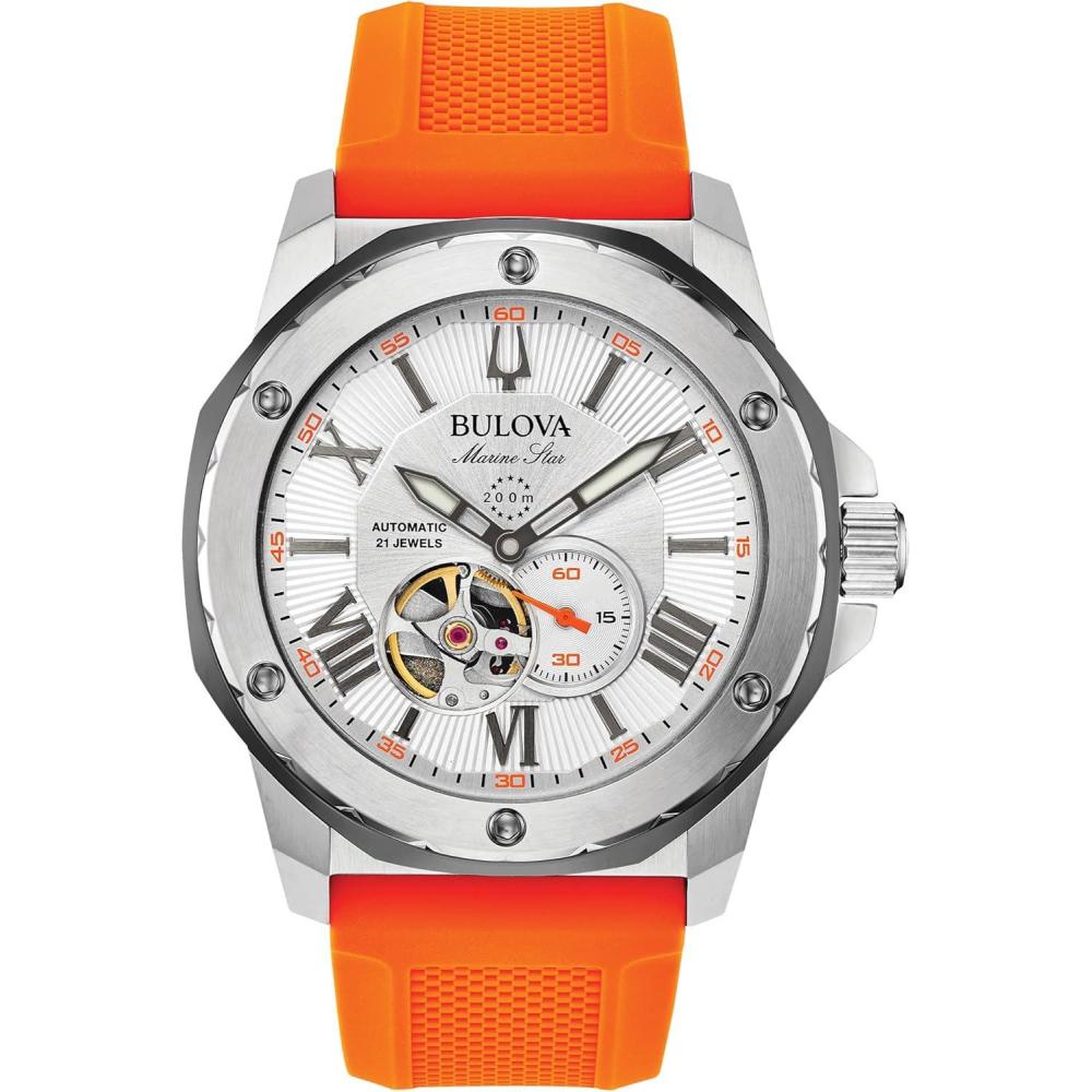 imageBulova Mens Marine Star Series A Automatic Watch with Orange Silicone Strap Style 98A226