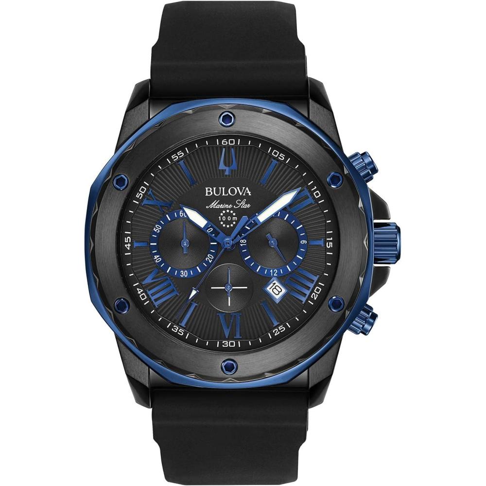 imageBulova Mens Marine Star Series A Black and Blue IonPlated Stainless Steel 6Hand Chronograph Quartz Watch Black Silicone Strap 40mm Style 98B308
