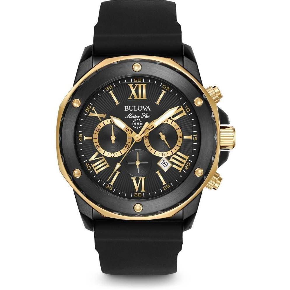 imageBulova Mens Marine Star Series A Black and Rose Gold IonPlated Stainless Steel 6Hand Chronograph Quartz Watch Black Silicone Strap Style 98B278