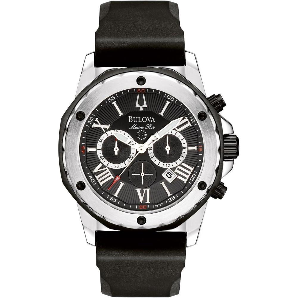 imageBulova Mens Marine Star Series A Stainless Steel 6Hand Chronograph Quartz Watch Black Silicone Strap Style 98B127