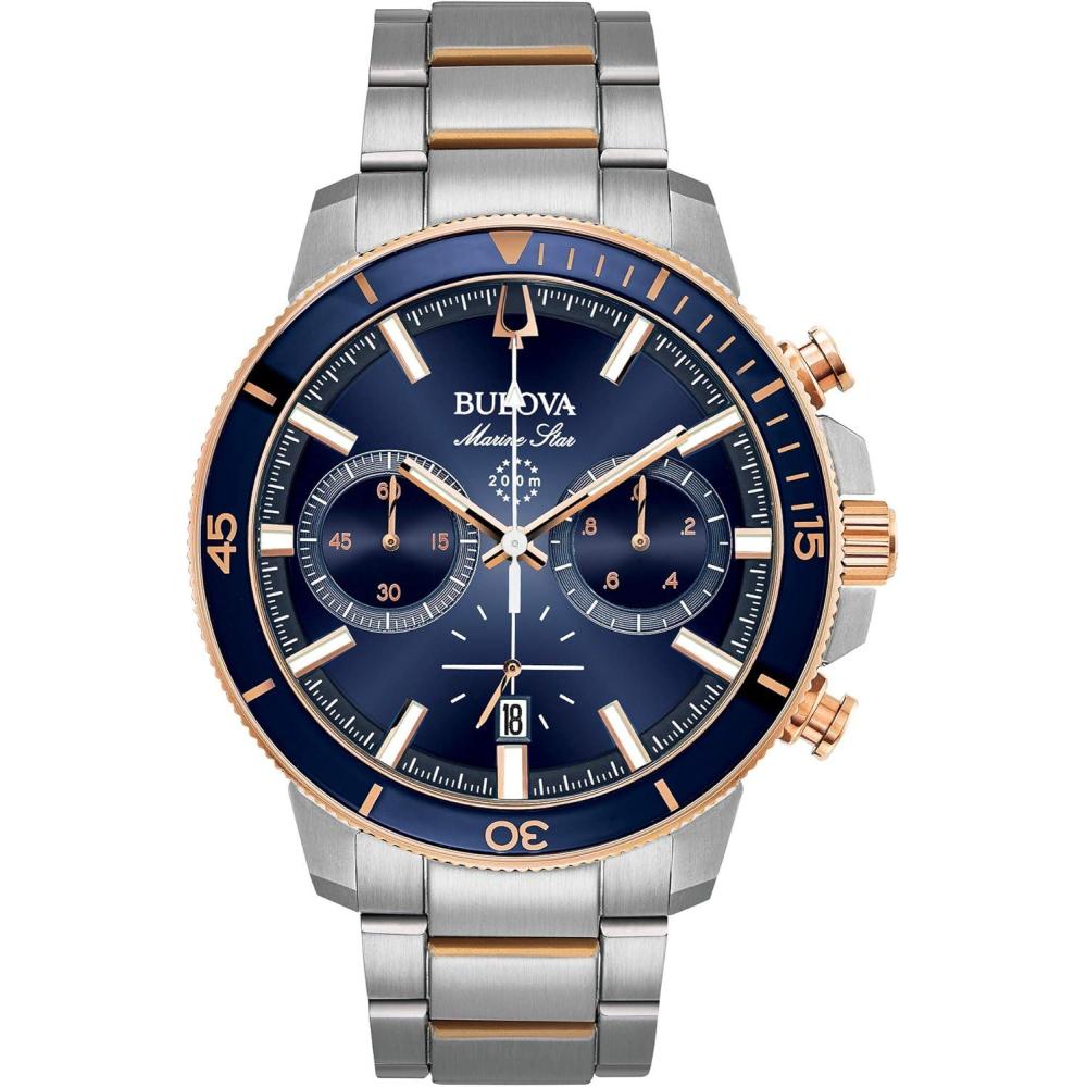 imageBulova Mens Marine Star Series C TwoTone Rose Gold Stainless Steel 6Hand Chronograph Quartz Watch Blue Dial Style 98B301