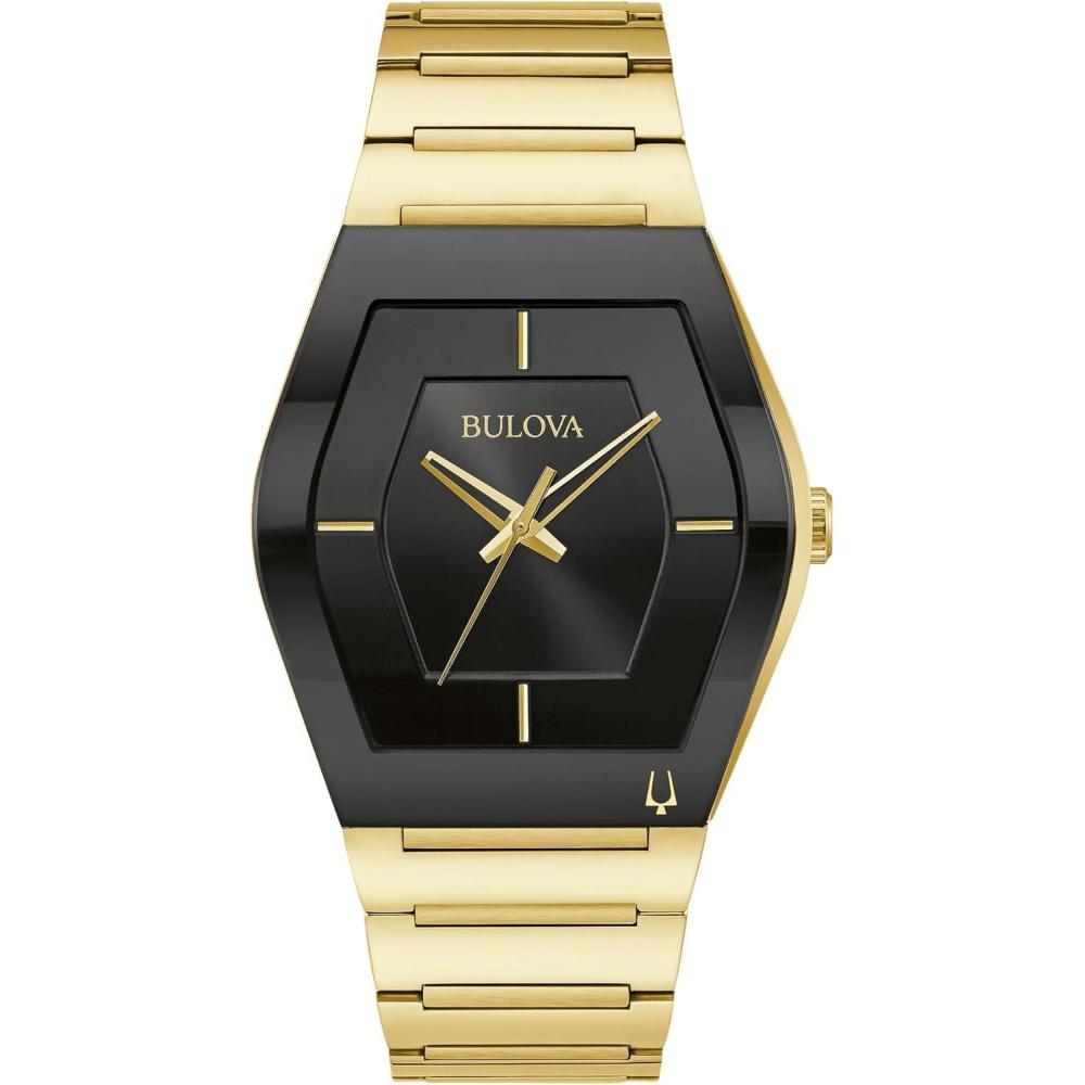 imageBulova Mens Modern Gemini 3Hand Quartz Silver Stainless Steel Watch EdgetoEdge CrystalGold Black Dial