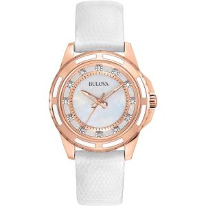 Bulova Ladies’ Classic Diamond 3-Hand Quartz Stainless Steel Watch, 12 Diamonds, Mother-of-Pearl Dial(Rose Gold/White Leather Strap)
