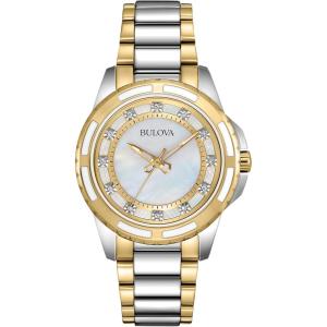Bulova Ladies’ Classic Diamond 3-Hand Quartz Stainless Steel Watch, 12 Diamonds, Mother-of-Pearl Dial(Two Tone Gold)