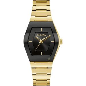 Bulova Ladies’ Modern Gemini Gold Stainless Steel 3-Hand Quartz Watch, Black Dial Style:97L164