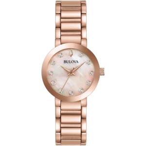 Bulova Ladies’ Modern Millenia Diamond Dial Rose Gold Stainless Steel 3-Hand Quartz Watch, Gold Mother-of-Pearl Dial, Edge to Edge Crystal Style: 97P132