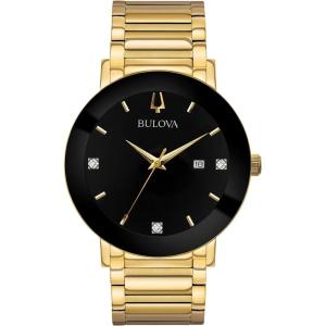 Bulova Men’s 3-Hand Quartz Watch with Diamond Dial and Edge to Edge Crystal(Gold Tone//Black Dial)
