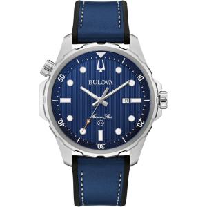 Bulova Men’s Marine Star Quartz Silver Stainless Steel Watch, Leather and Silicone Strap, 100M Water Resistant, 43mm(Blue)