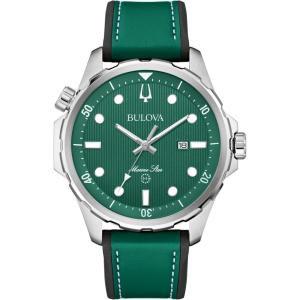 Bulova Men’s Marine Star Quartz Silver Stainless Steel Watch, Leather and Silicone Strap, 100M Water Resistant, 43mm(Green)