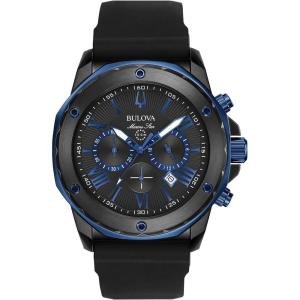 Bulova Men’s Marine Star Series A Black and Blue Ion-Plated Stainless Steel 6-Hand Chronograph Quartz Watch, Black Silicone Strap, 40mm Style: 98B308