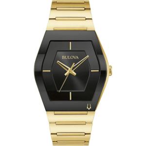 Bulova Men’s Modern Gemini 3-Hand Quartz Silver Stainless Steel Watch, Edge-to-Edge Crystal(Gold/ Black Dial)