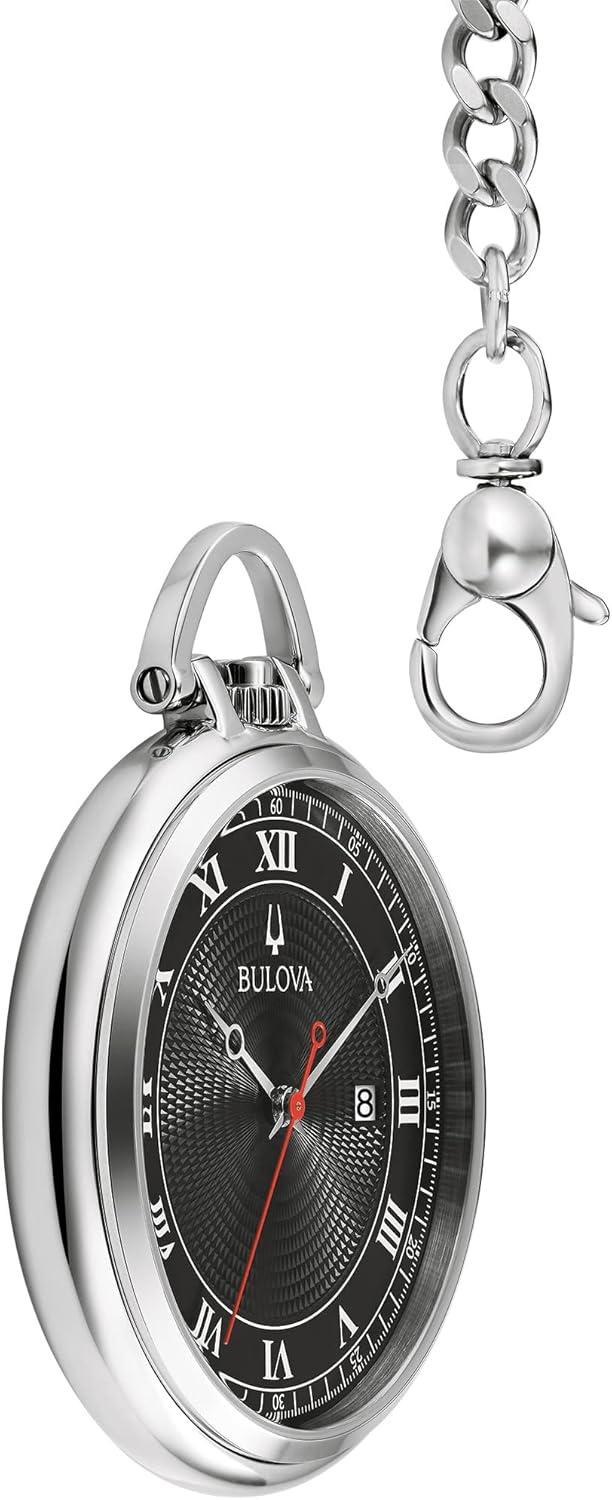 imageBulova Classic Pocket Watch 3Hand Date Quartz Stainless Steel Black Dial with Detachable Chain Style 96B308
