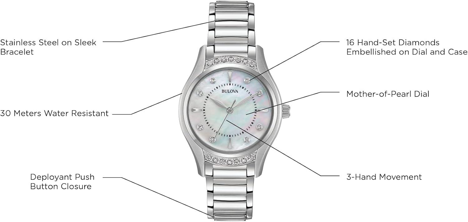 imageBulova Ladies Classic Diamond 3Hand Quartz Stainless Steel Watch 16 Diamonds MotherofPearl Dial Curved Mineral CrystalSilver Tone