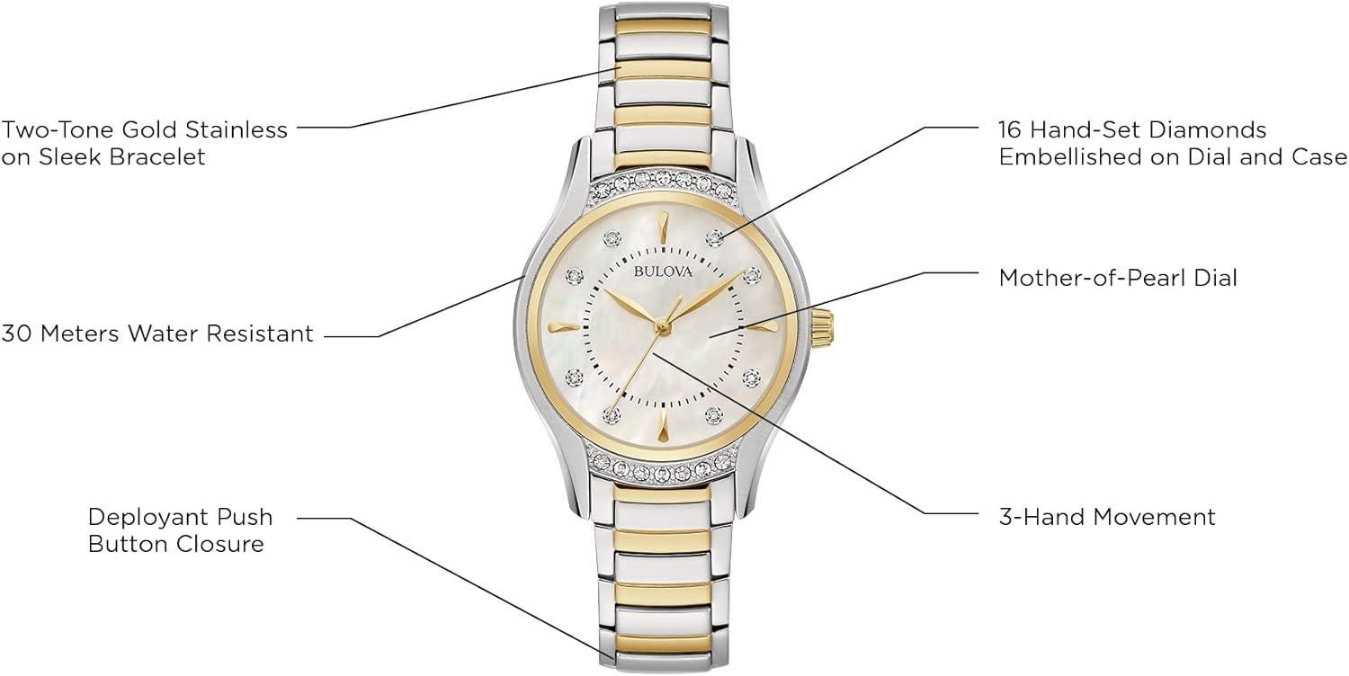 imageBulova Ladies Classic Diamond 3Hand Quartz Stainless Steel Watch 16 Diamonds MotherofPearl Dial Curved Mineral CrystalTwo Tone Gold