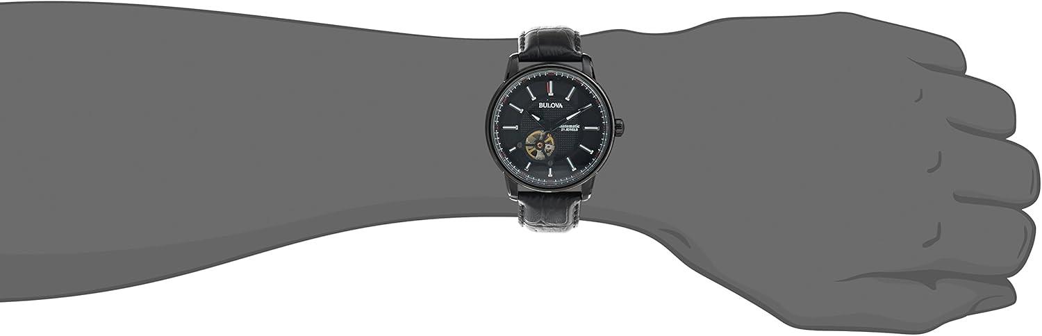 imageBulova Mens Classic 3Hand Automatic Leather Strap Watch 21Jewels Hack Feature Luminous Hands and MarkersOpen Aperture and Exhibition Case BackBlack StrapBlack IonPlated