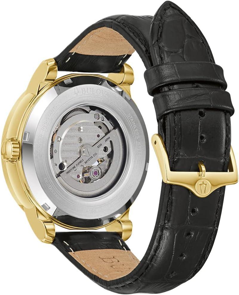 imageBulova Mens Classic 3Hand Automatic Leather Strap Watch 21jewels Hack Feature Luminous Hands and MarkersOpen Aperture and Exhibition Case Back Style 97A166