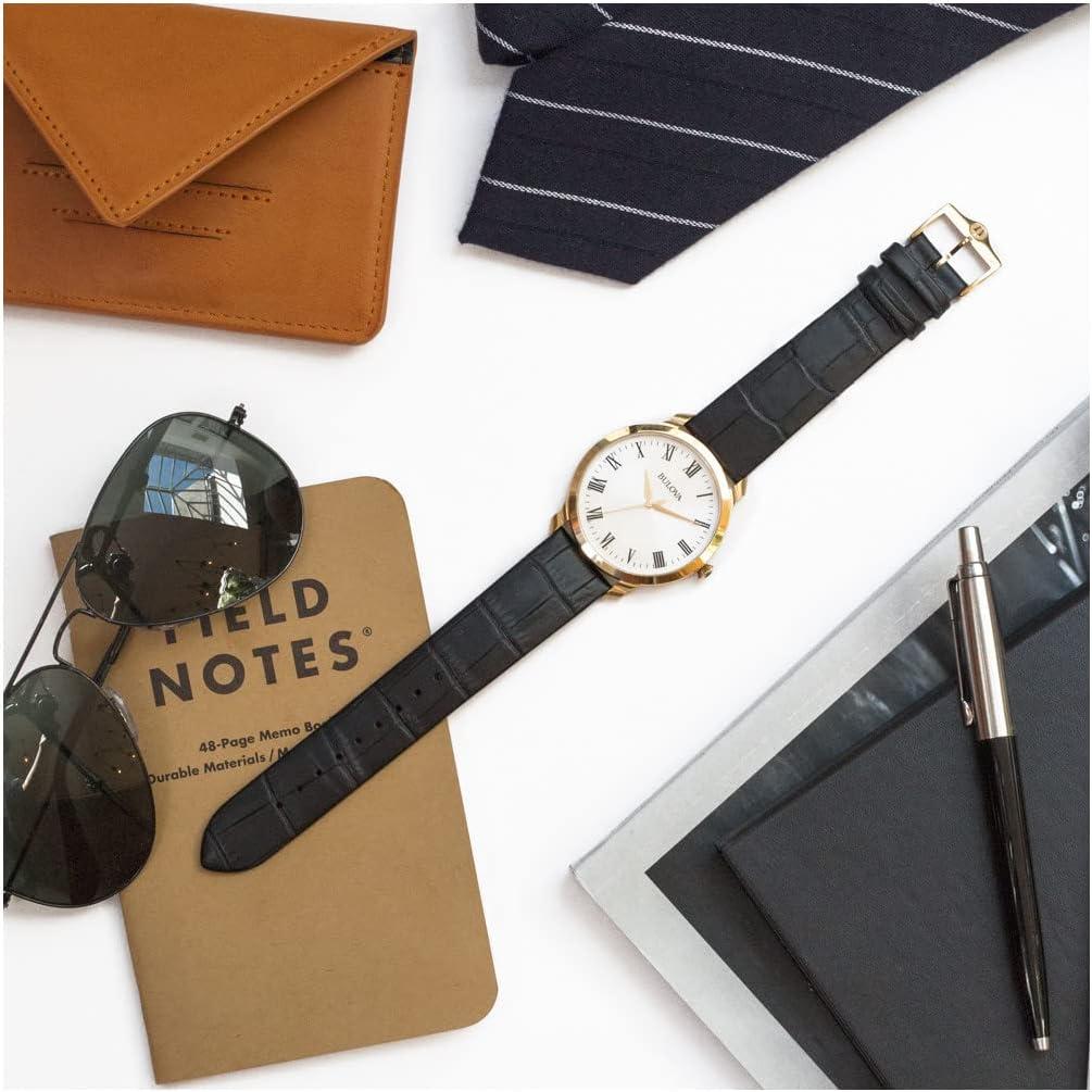imageBulova Mens Classic 3Hand Quartz Black Leather Strap Watch Roman Numeral Markers 41mmGold Tone