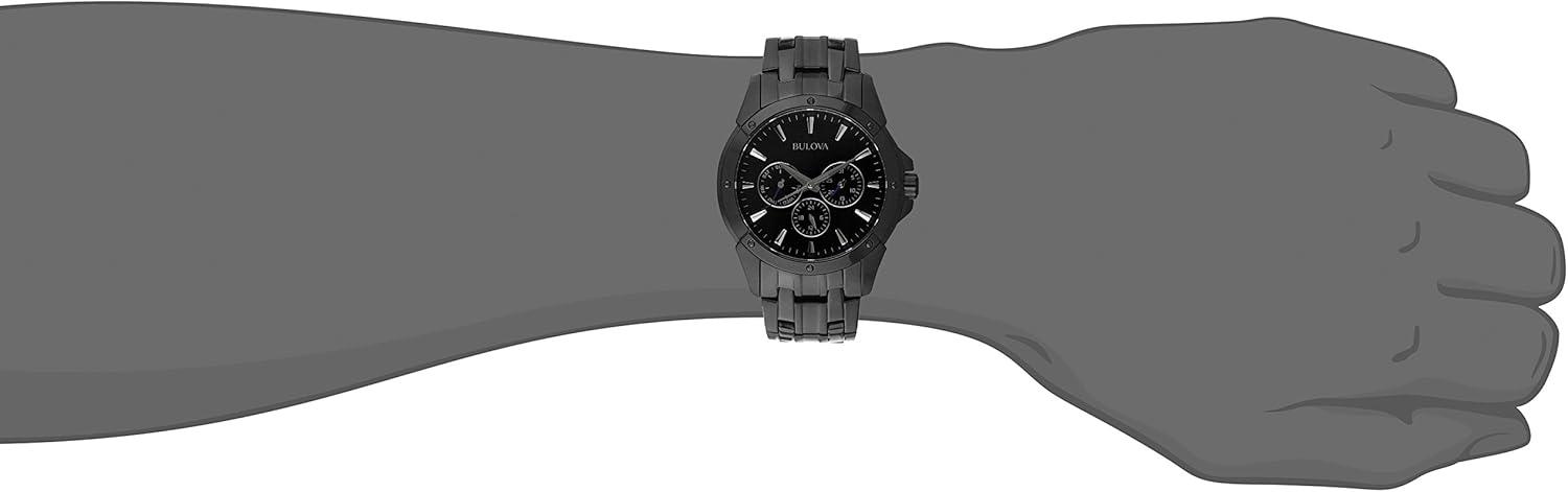 imageBulova Mens Classic Dress 6Hand MultiFunction DayDate Quartz Watch Black Patterned Dial 43mmBlack IonPlatedBlue Accents