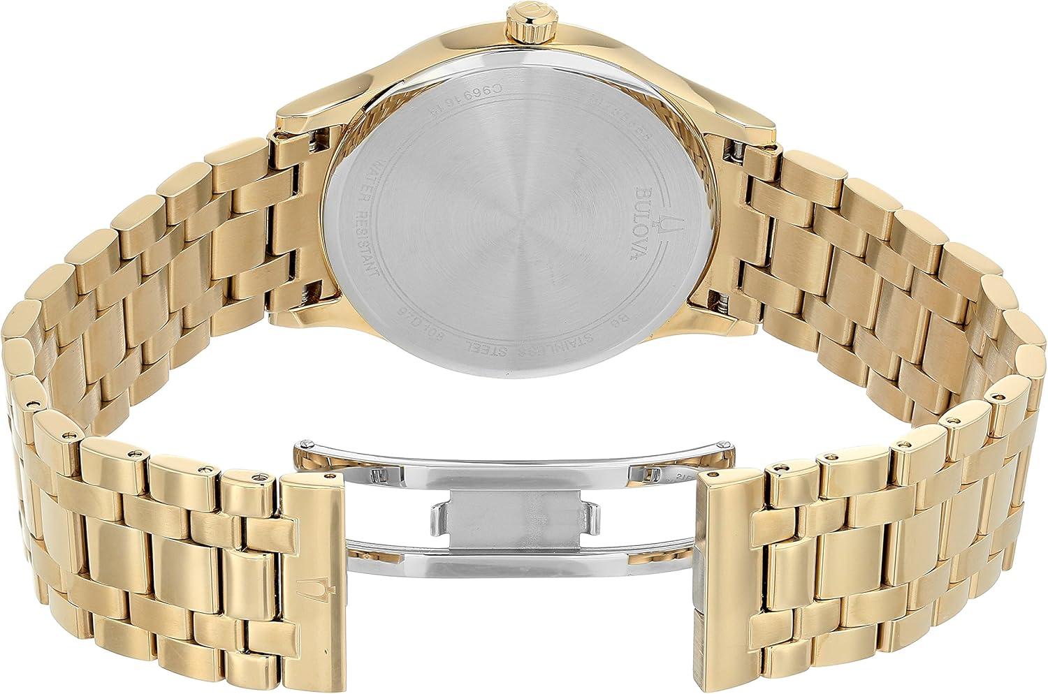 imageBulova Mens Classic Stainless Steel Watch with Diamonds and Day DateGold Tone Black Dial