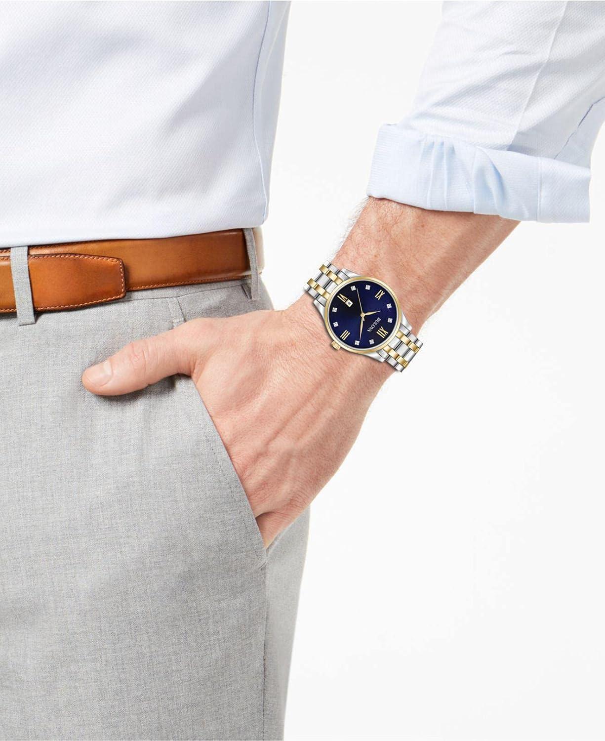 imageBulova Mens Classic Stainless Steel Watch with Diamonds and Day DateTwo Tone Gold Blue Dial