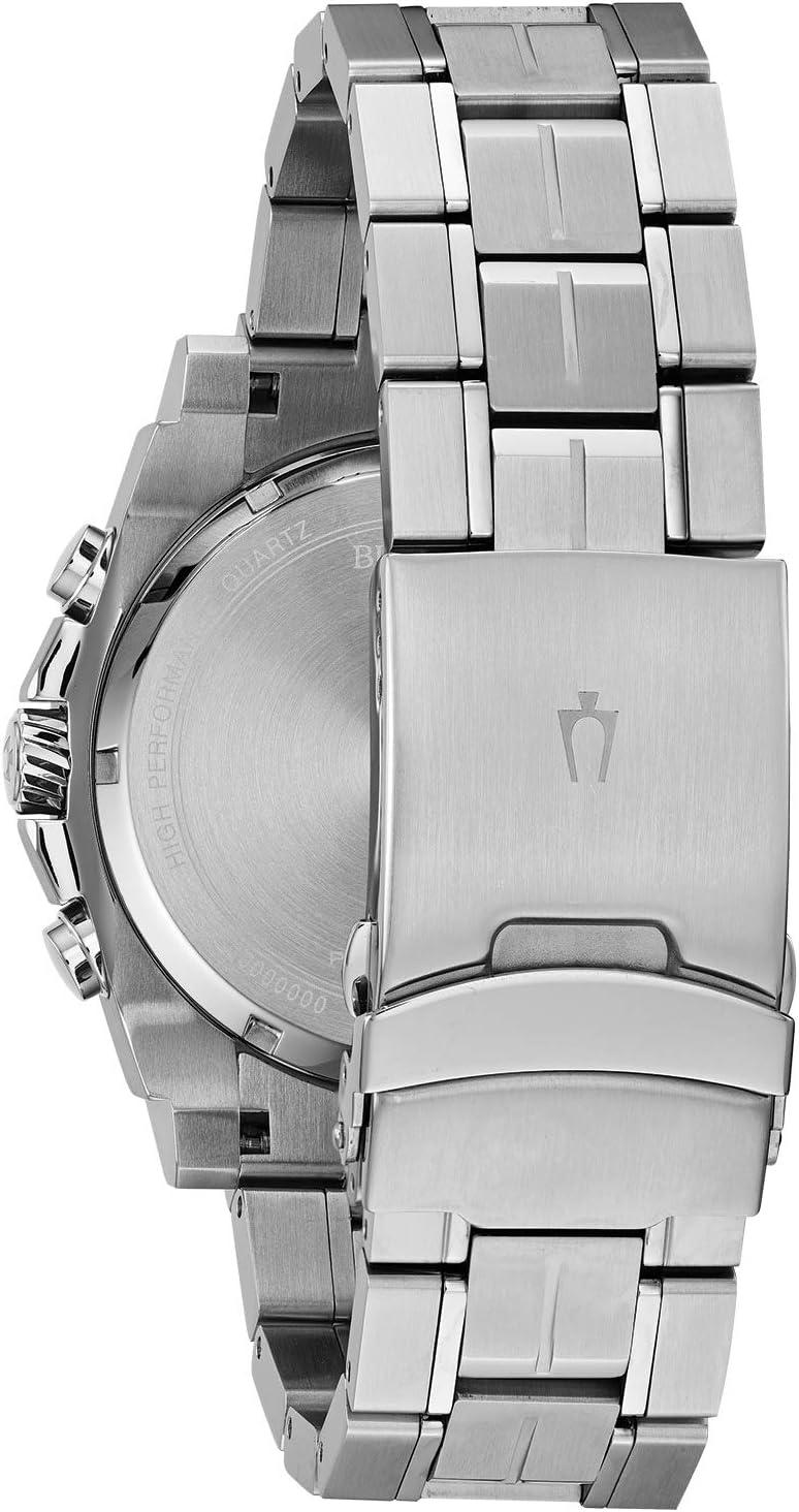 imageBulova Mens Icon High Precision Quartz Chronograph Watch Curved Mineral CrystalStainless SteelGrey and Blue Accents