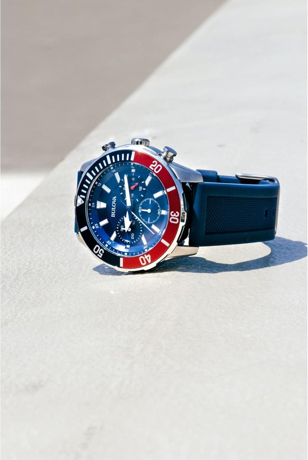 imageBulova Mens Sport 6Hand Chronograph Quartz Watch with Silicone Strap 24 Hour Time Calendar Date Luminous Hands and Markers 100M Water Resistant 44mm Style 98A288