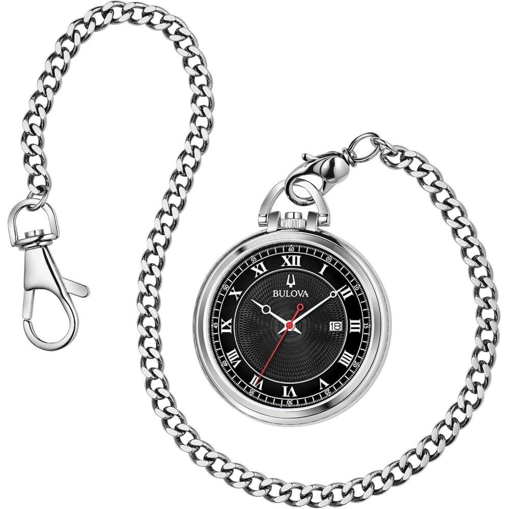 imageBulova Classic Pocket Watch 3Hand Date Quartz Stainless Steel Black Dial with Detachable Chain Style 96B308