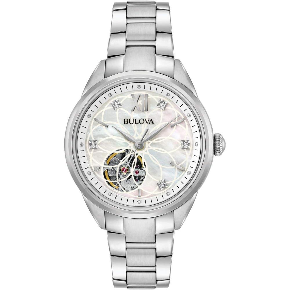 imageBulova Ladies Classic Diamond 3Hand Automatic in Stainless Steel MotherofPearl Dial and Open Aperture DialStainless Steel
