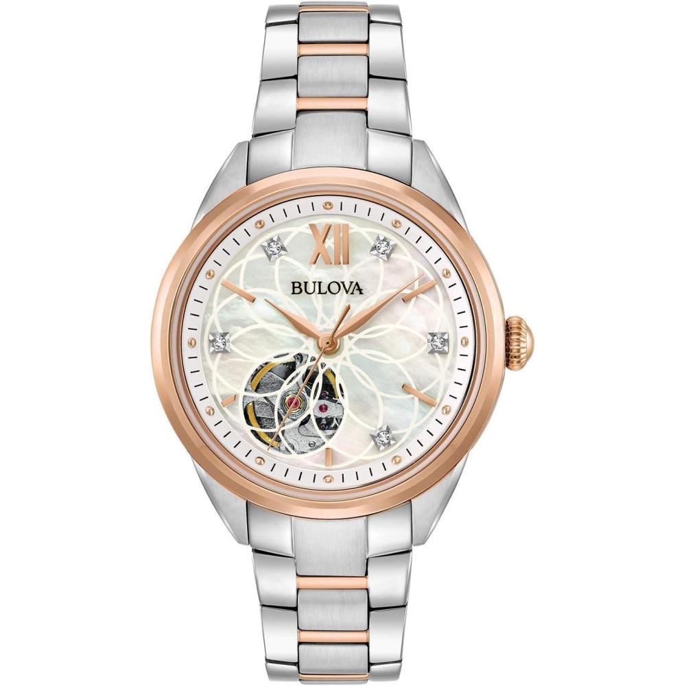 imageBulova Ladies Classic Diamond 3Hand Automatic in Stainless Steel MotherofPearl Dial and Open Aperture DialTwoTone Rose Gold