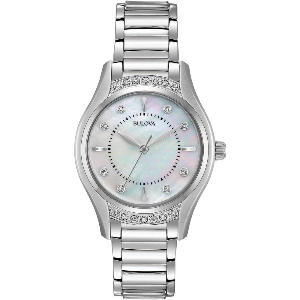 imageBulova Ladies Classic Diamond 3Hand Quartz Stainless Steel Watch 16 Diamonds MotherofPearl Dial Curved Mineral CrystalSilver Tone