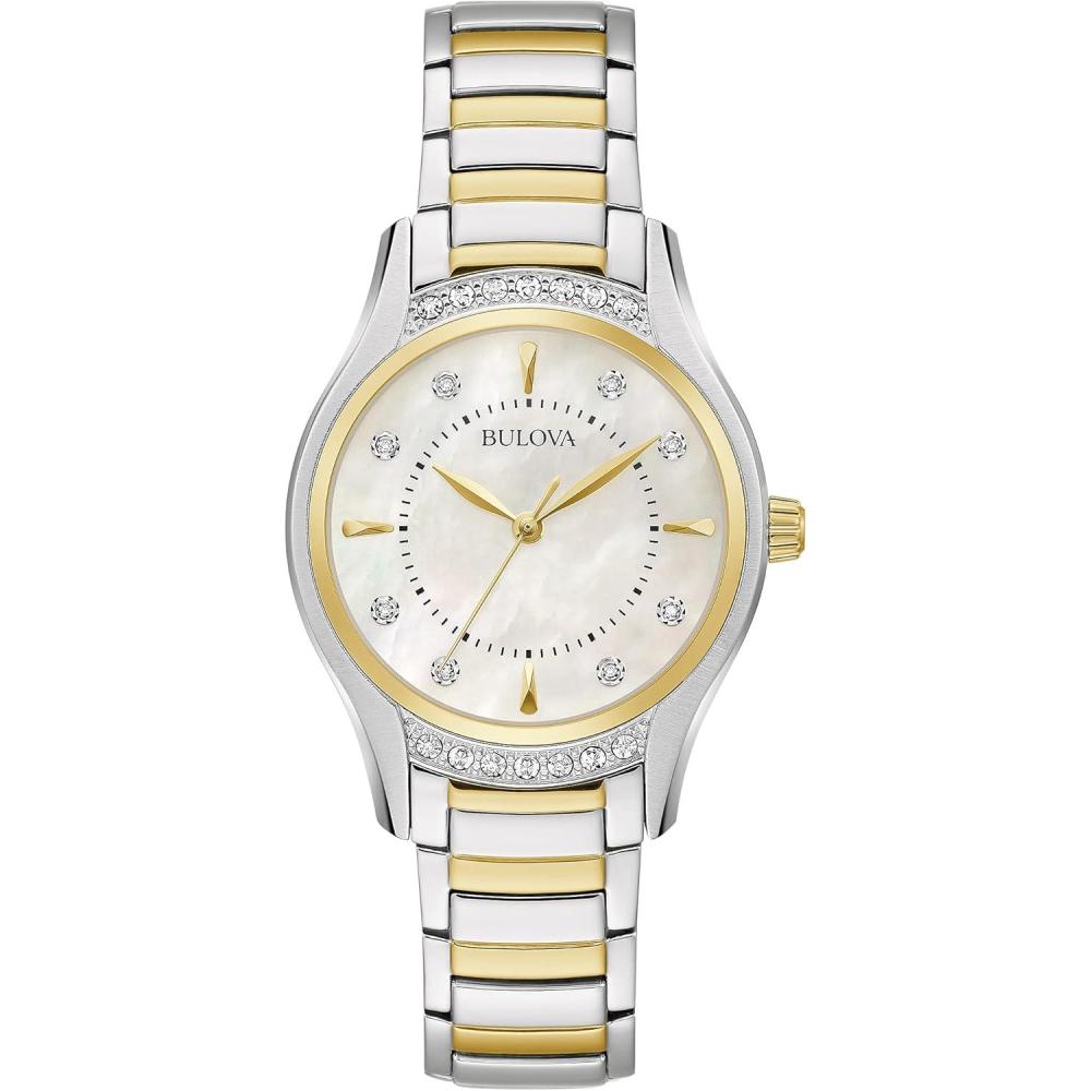 imageBulova Ladies Classic Diamond 3Hand Quartz Stainless Steel Watch 16 Diamonds MotherofPearl Dial Curved Mineral CrystalTwo Tone Gold